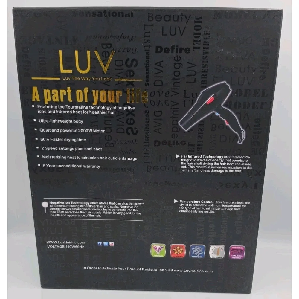 Luv Professional Tourmaline Hair Dryer Black 2000W Motor AC Dual Voltage NEW
